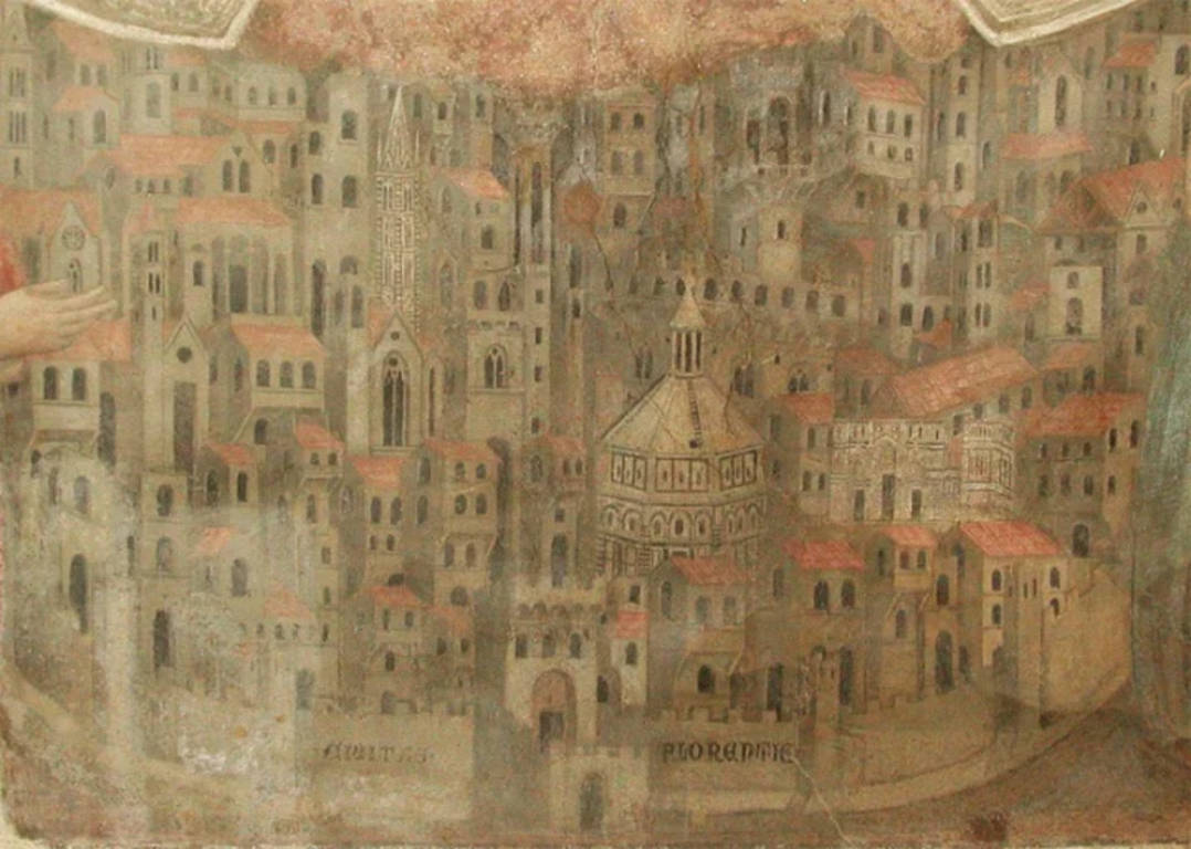 A somewhat hazy image of the Baptistery and Duomo area with surrounding buildings