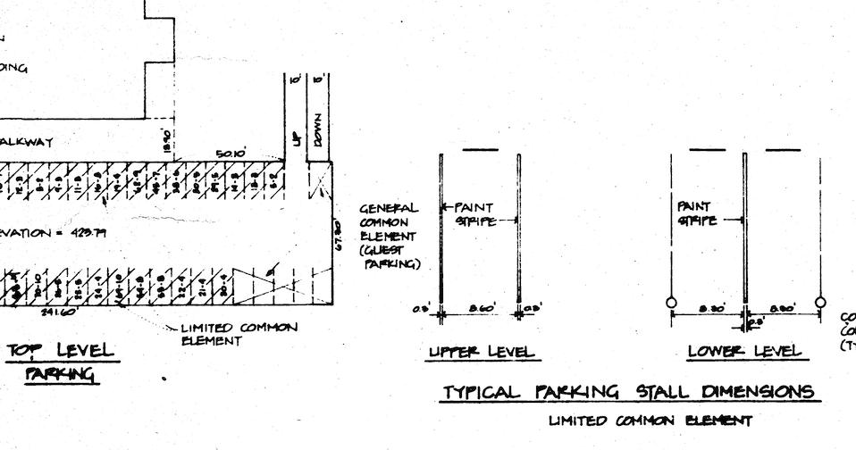 Drawing of a typical stall and part of the parking assignments from the original document