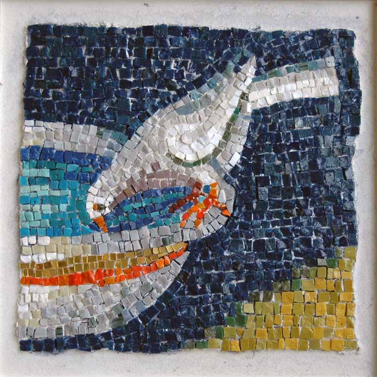 Mosaic image of a dove dipping ito a birdbath on a mostly blue field